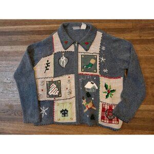 Vintage Womens Embroidered Patchwork Holiday 3D Christmas Zip Size XL Cardigan